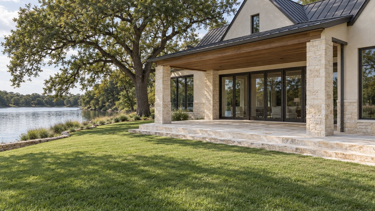 Limestone-and-stucco lakeside house with a covered terrace, broad lawn, mature oak, and still water.