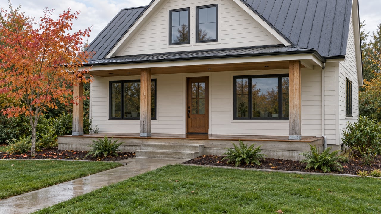 Light-sided gabled home with a cedar porch, damp concrete walk, deep lawn, and an orange-red vine maple in soft autumn daylight.