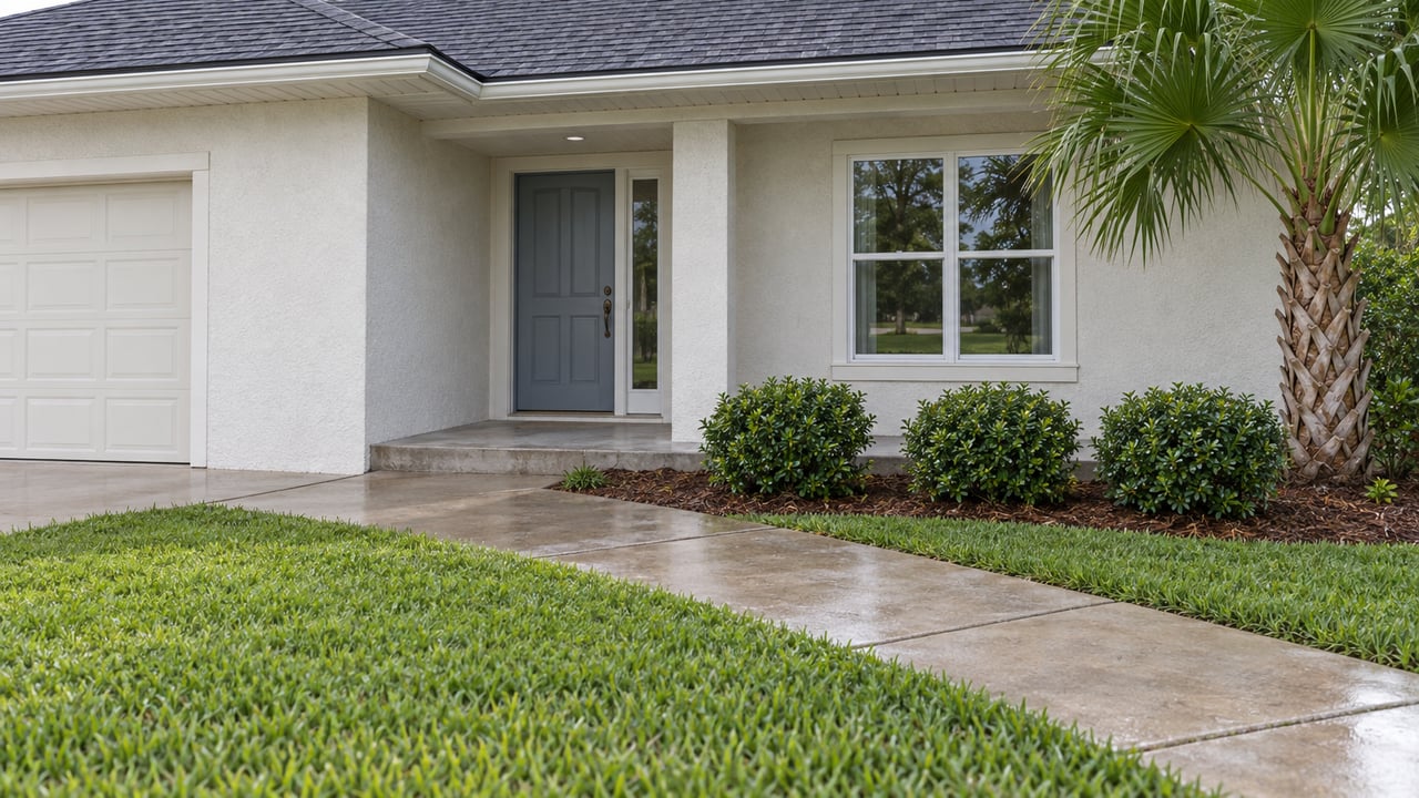 Single-story home with a gray-blue recessed entry, concrete walk across lawn, shrubs, and a palm.