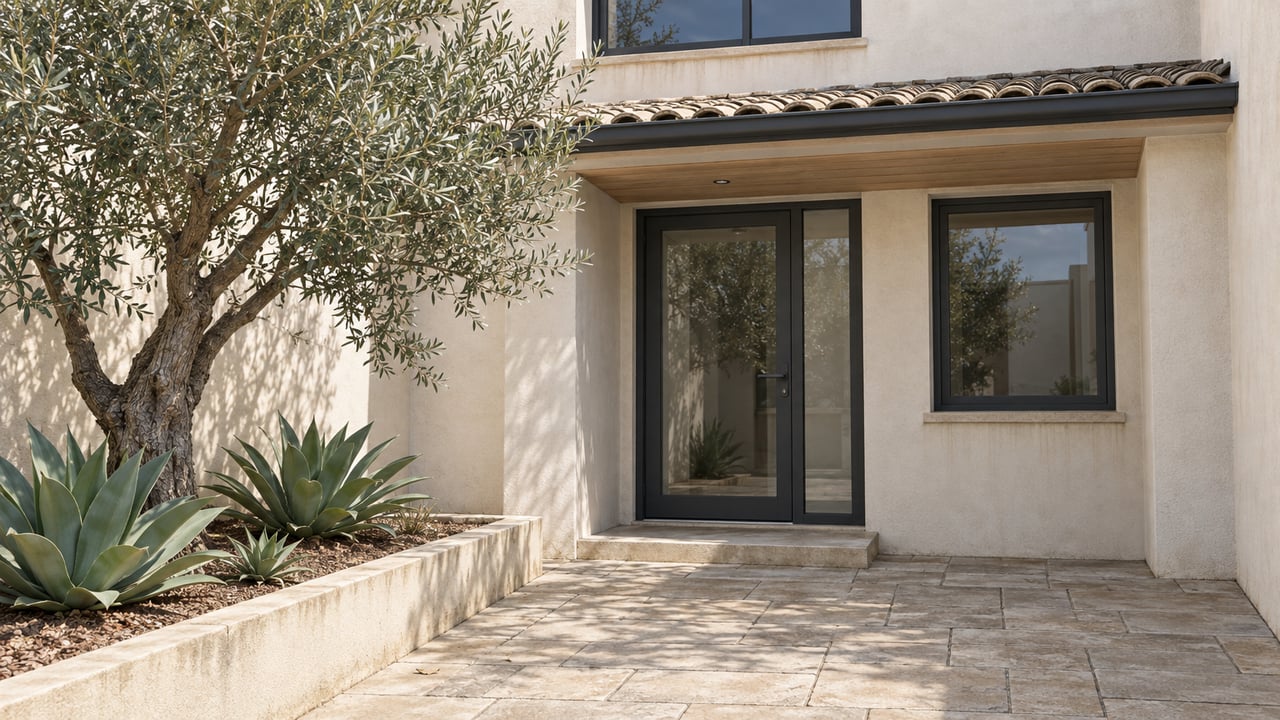 A stucco home's glazed entrance overlooks a buff-paved courtyard with an olive tree and three sculptural agaves.