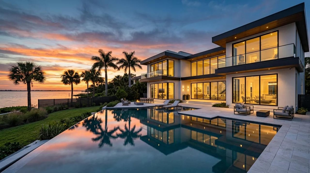 Tampa Bay-style luxury home with a resort-inspired backyard, swimming pool, and tropical landscaping at sunset.