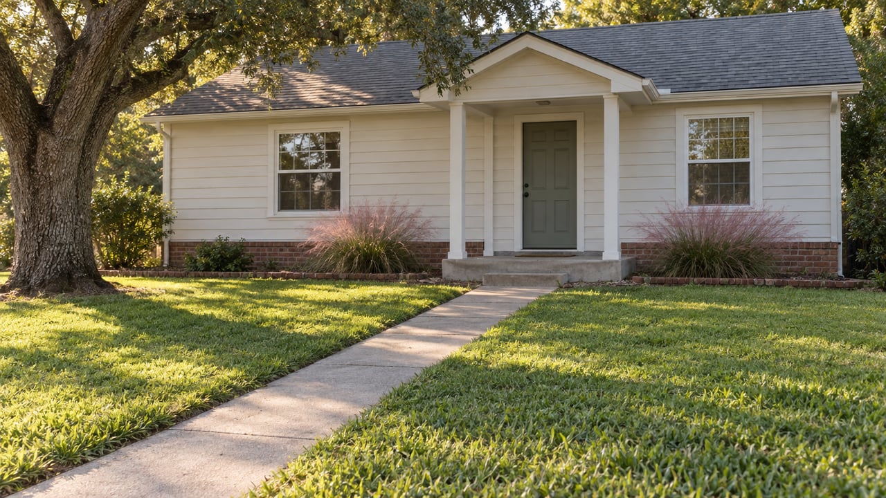 Weathered white one-story house with brick foundation, lawn, concrete walk, mature oak, and pink muhly grass.