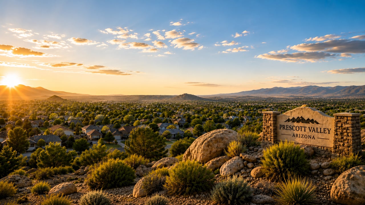 Panoramic view of Prescott Valley neighborhoods with amenities, trails, newer homes, and the Prescott Valley sign.