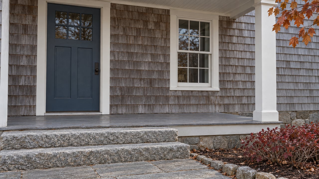 Covered entry of a cedar-shingled home with a blue door, divided-pane window and worn granite steps beside burgundy lowbush blueberry leaves.