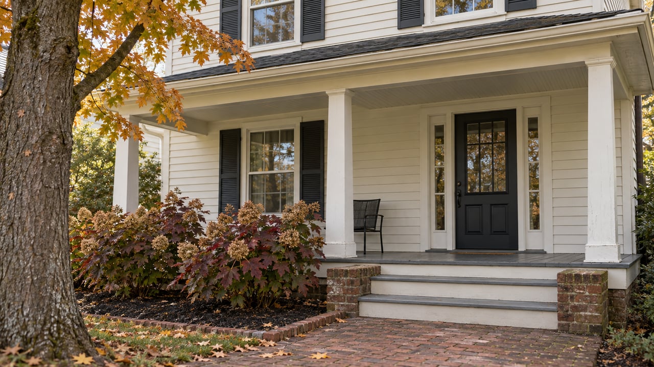 Ivory clapboard home with a covered porch, red-brown brick approach, and autumn maple and oakleaf hydrangea foliage.