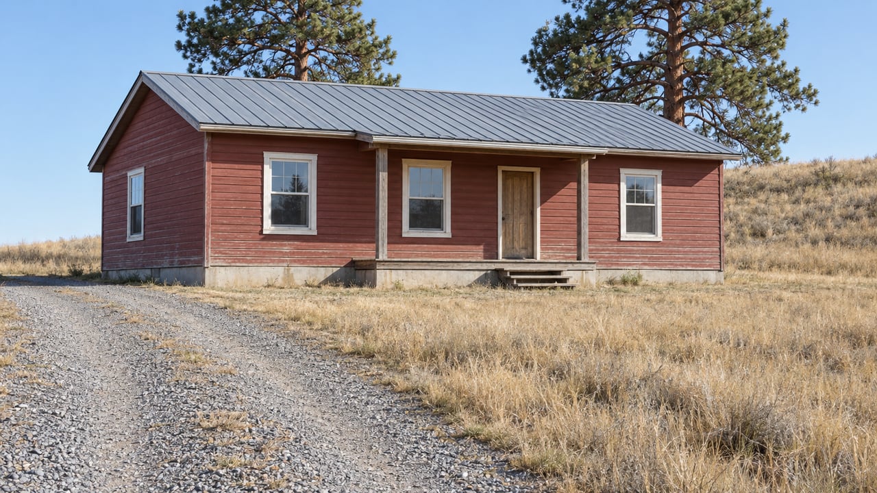A faded red single-story home with a metal gable roof and timber porch across a broad dry-grass yard and gravel approach.