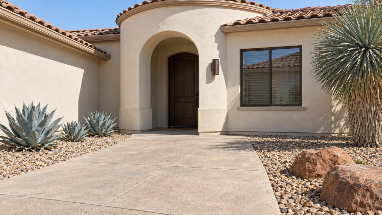 Cream stucco home with a shaded arched entry, sun-faded tile roof, and sculptural desert plants beside a concrete approach.