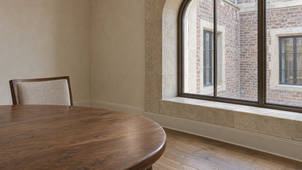 Daylight reveals a limestone-framed arched window, ivory plaster walls, and a walnut dining table with a linen-upholstered chair.