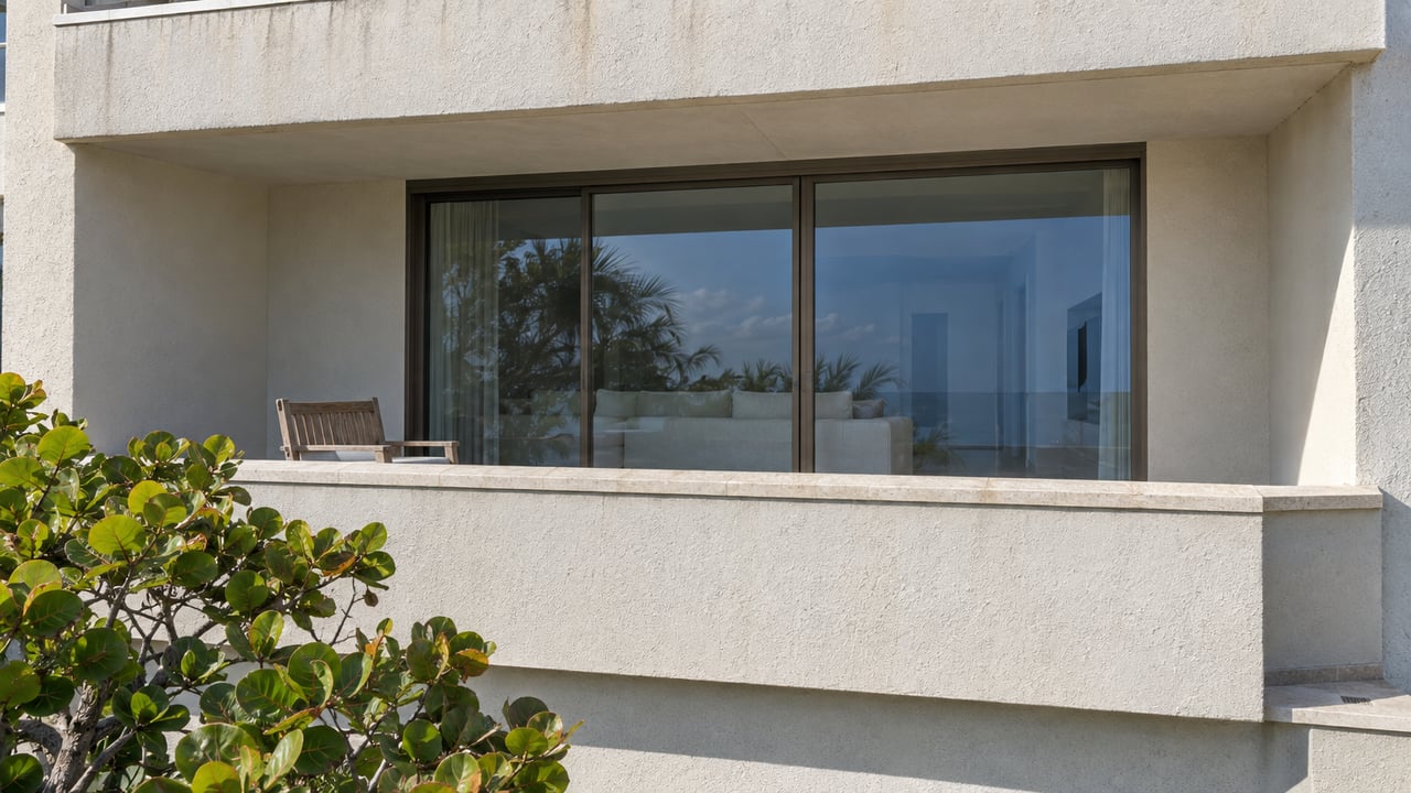 Close view of a recessed condominium balcony with pale stucco, bronze-framed sliding glass doors and a sea-grape crown.