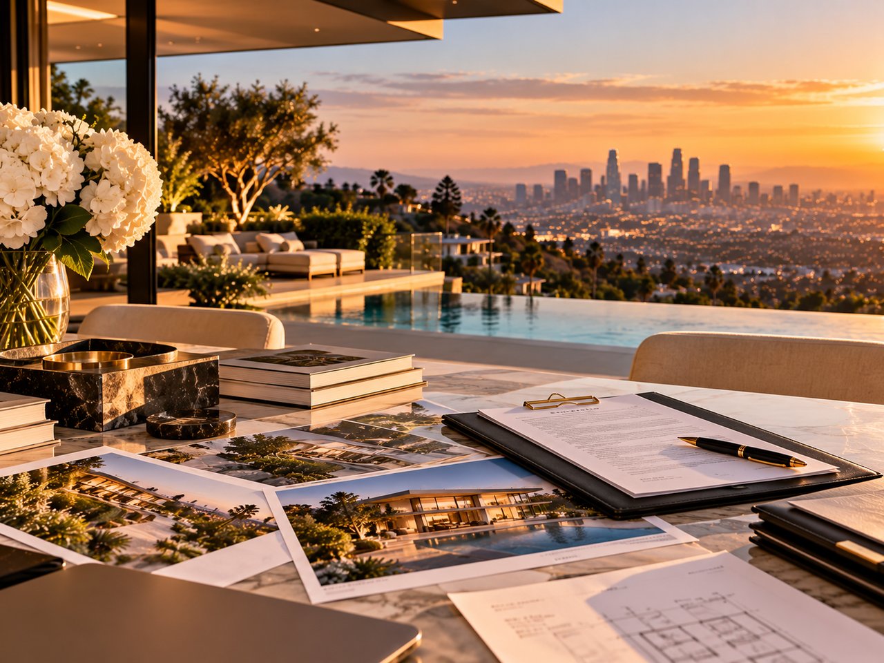Luxury terrace with an infinity pool and Los Angeles skyline at sunset.