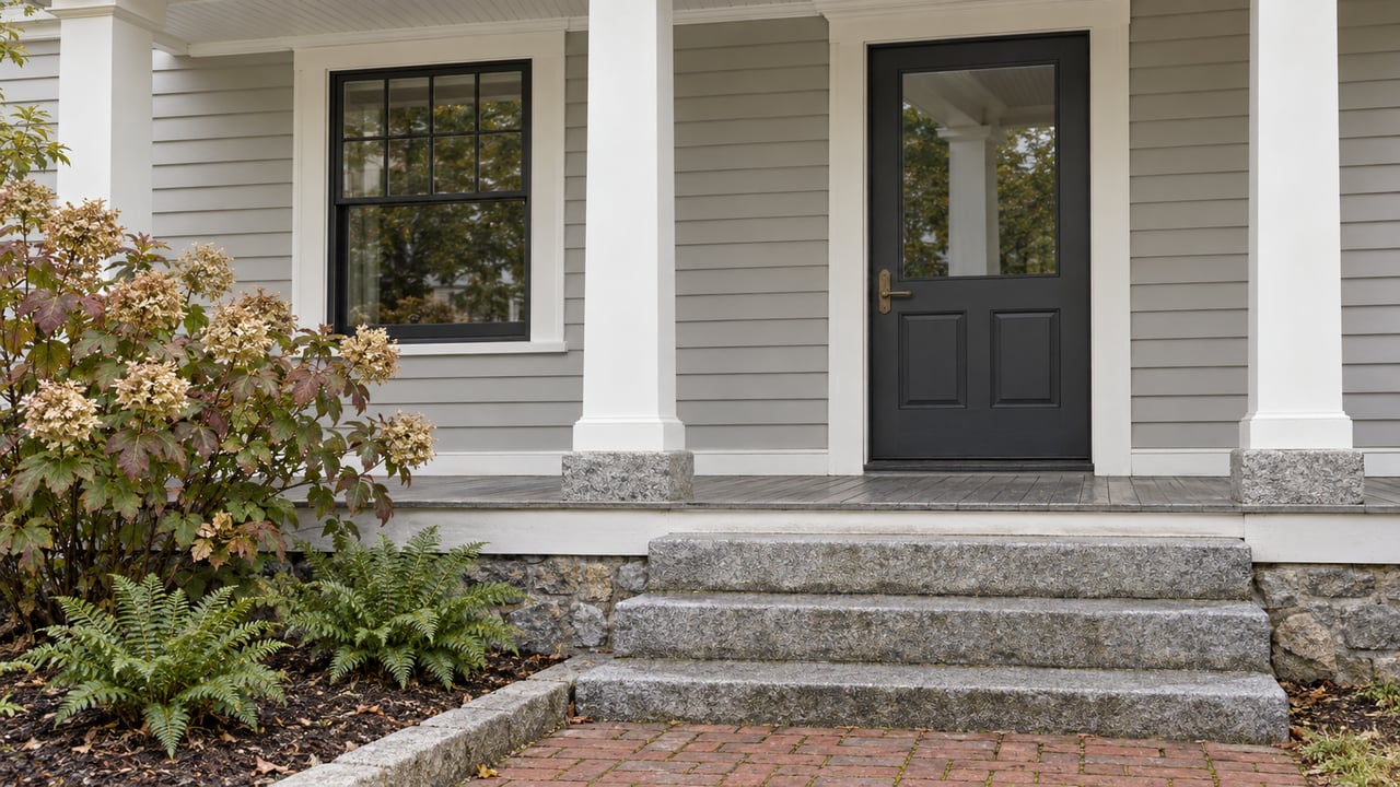 Pale-gray clapboard house entry with white porch columns, granite steps, a charcoal glazed door and autumn oakleaf hydrangea.