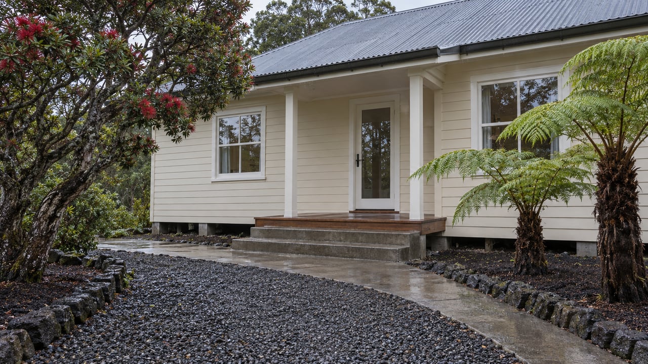 Rain-damp gravel approach and concrete path leading to a cream timber house beneath a gray metal roof, framed by a spreading flowering tree and two tree ferns.