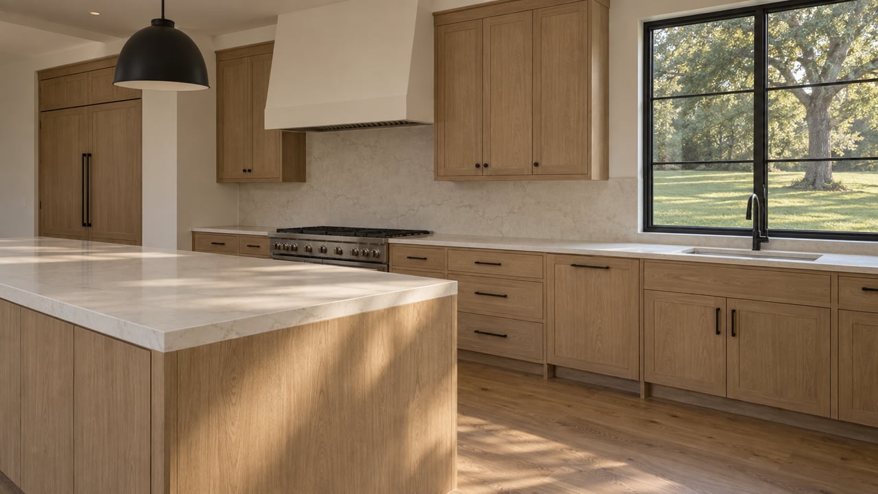 Kitchen with light-oak cabinetry, an ivory-quartz island, and a black-framed window overlooking a lawn and mature tree.