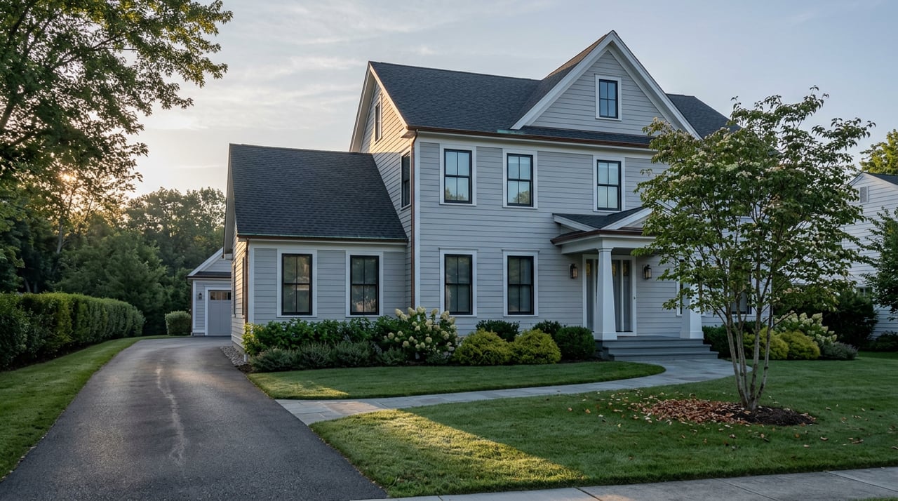 Two-story gray clapboard home with a covered porch, curved driveway, broad lawn, and layered garden plantings.