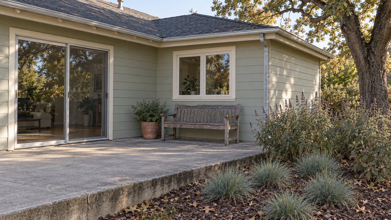 A pale sage single-story home opens onto a weathered concrete patio beside an oak, flowering sage and bunchgrasses.