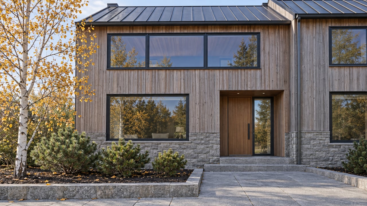 Cedar-and-stone attached home with broad windows, a sheltered entrance, granite approach and an autumn aspen.