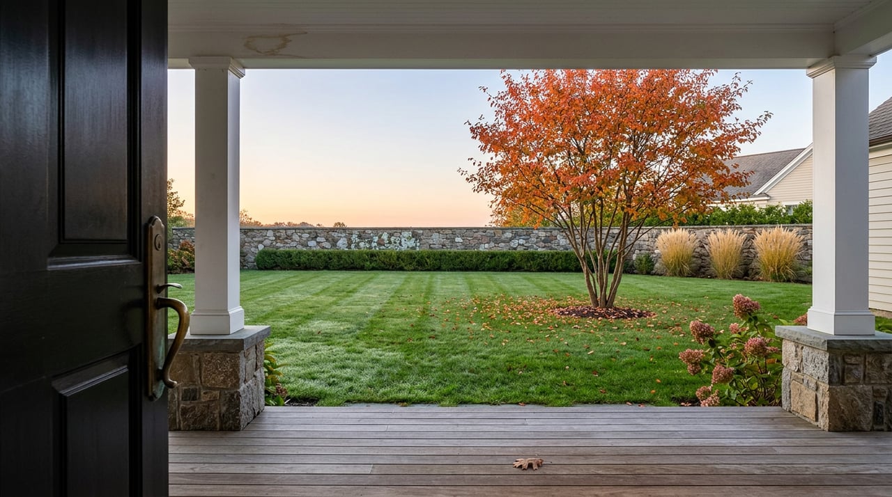 Porch posts frame a striped lawn with an orange-red serviceberry, boxwood hedge, and fieldstone wall at dawn.