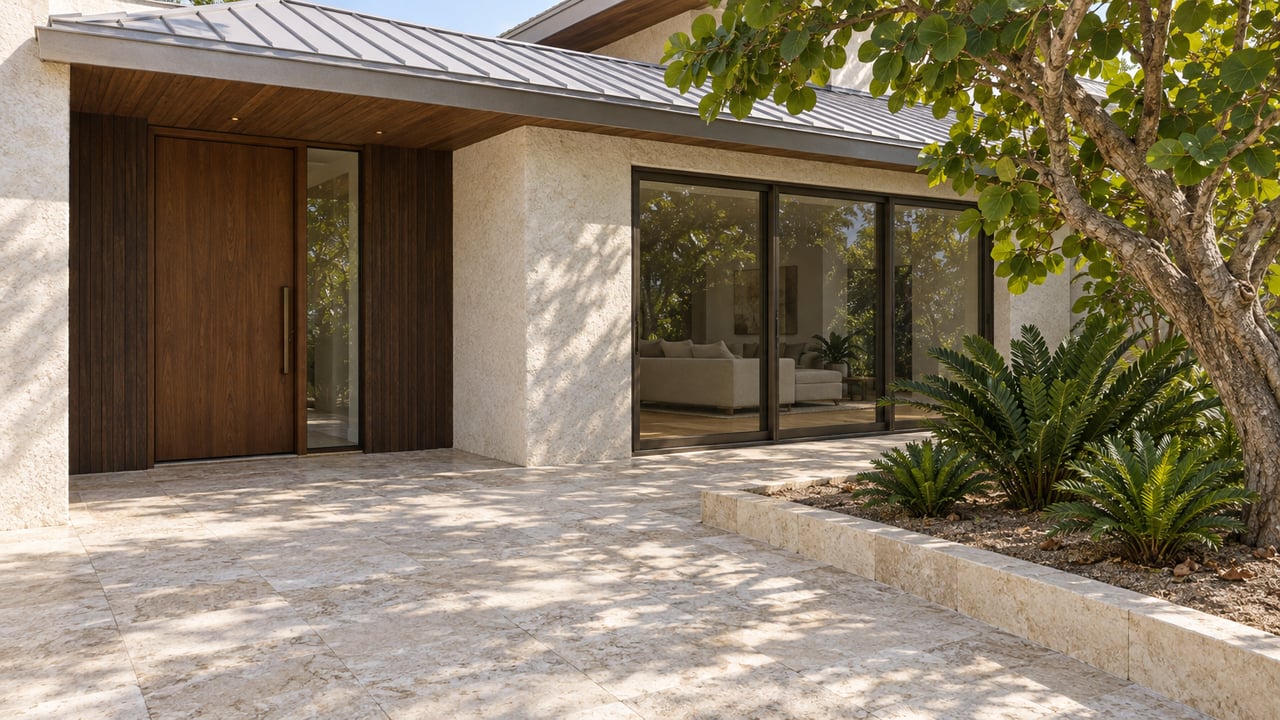 Sunlit limestone approach to a timber-and-stucco home with bronze-framed glazing and a sculptural sea grape tree.