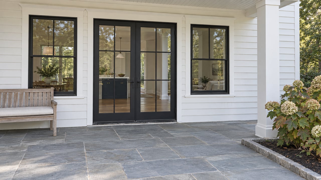 White clapboard home with paired black glazed doors, a bluestone terrace, teak bench and oakleaf hydrangeas.