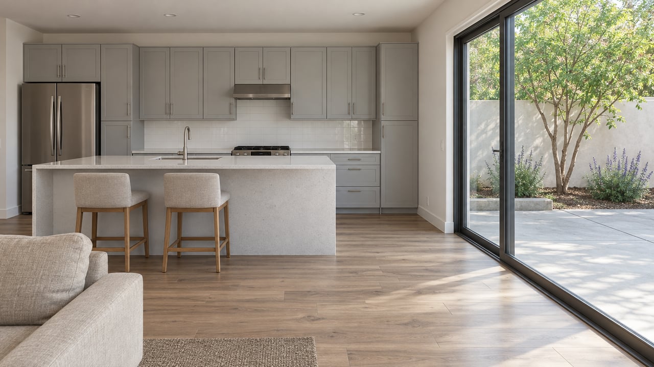 Daylit open-plan home with light-gray kitchen cabinetry, quartz island, oak-look flooring and closed glass doors onto a small planted patio.