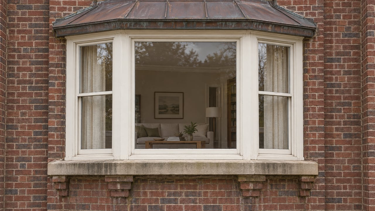 Ivory-painted bay window with a weathered copper roof and sandstone sill set into a red brick home.
