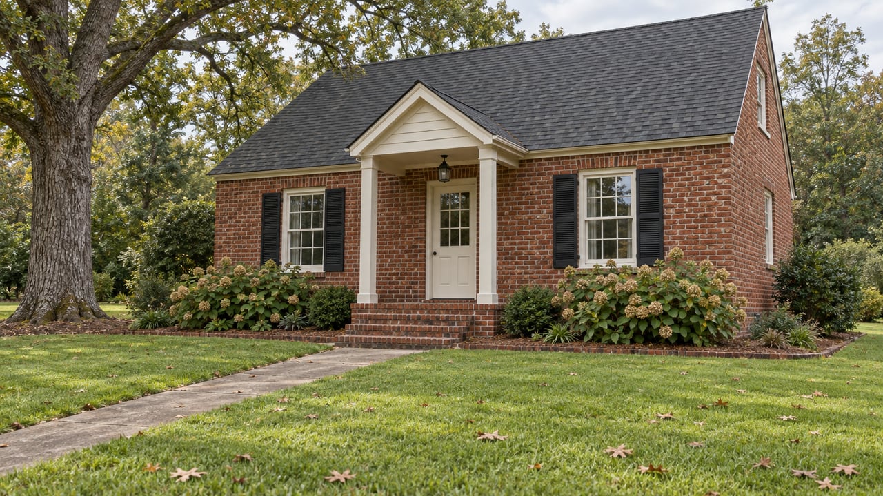 A modest red-brick cottage with black shutters and a small covered entry beyond a deep lawn and concrete walk.