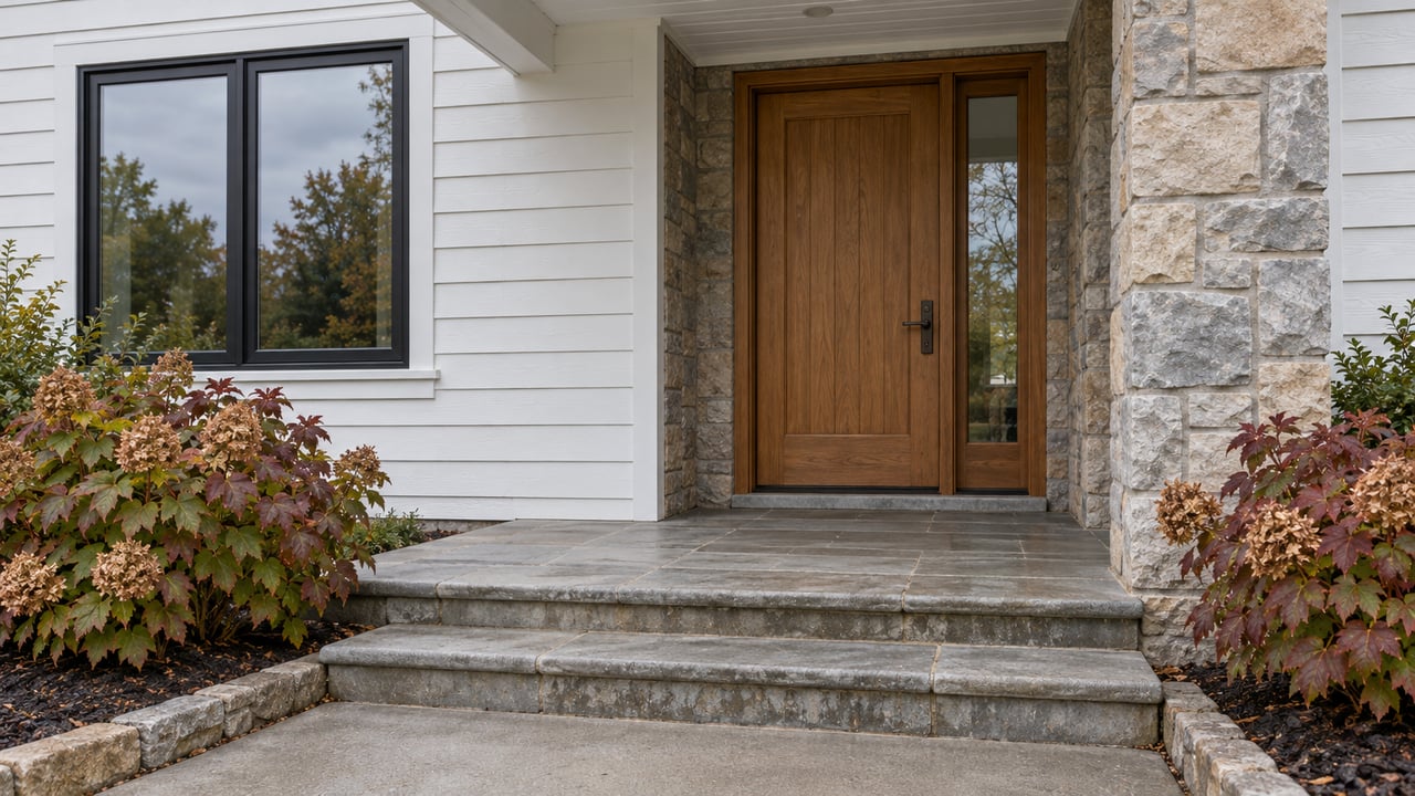White-sided home entry with an oak door, buff-gray stone pier, sandstone steps and oakleaf hydrangeas turning burgundy.