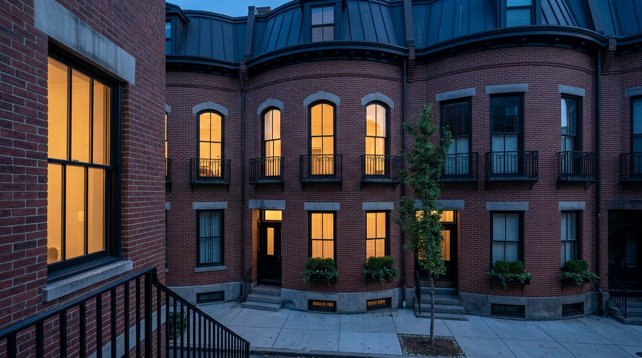 Three brick bowfront rowhouses with glowing arched windows, iron balconies, and dark mansard roofs at dusk.