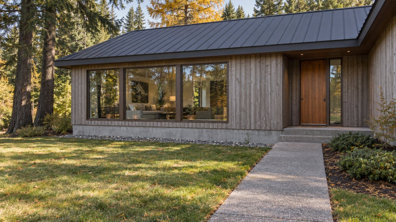 Cedar-clad home with a dark metal roof, broad windows and a concrete entry walk across an autumn lawn beneath mature conifers.