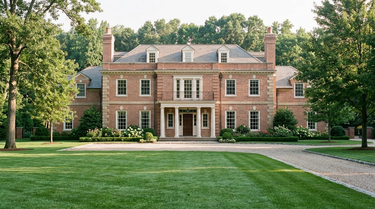 Two-story brick estate with a columned entry, broad lawn, curved driveway, and wooded backdrop.