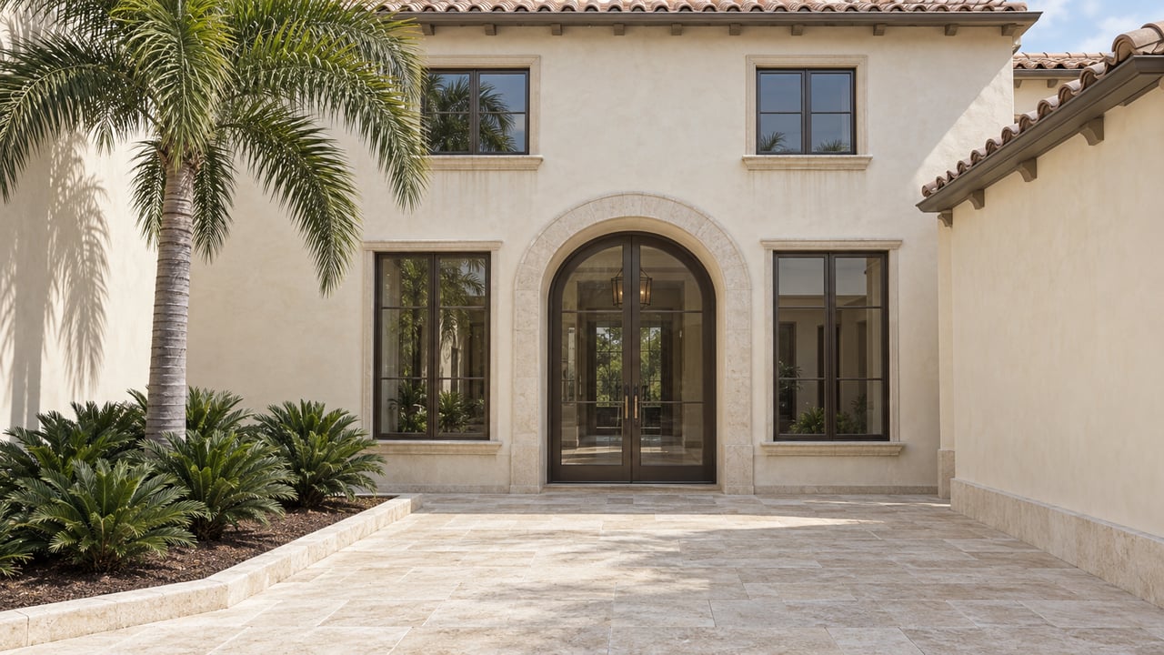 Cream stucco courtyard home with a limestone entrance, bronze glazed doors, clay tile eaves and a specimen palm.