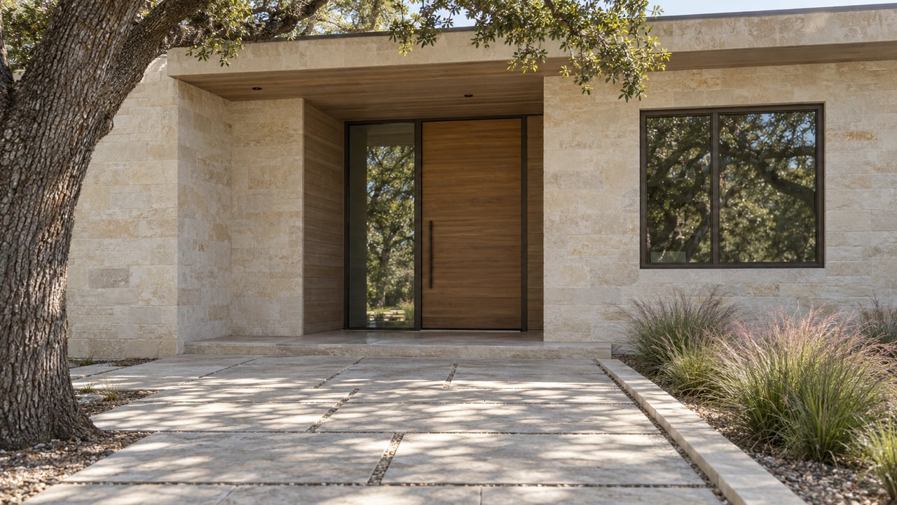 Recessed wood entry in a pale limestone facade, with glass sidelight, pavers, and oak canopy.