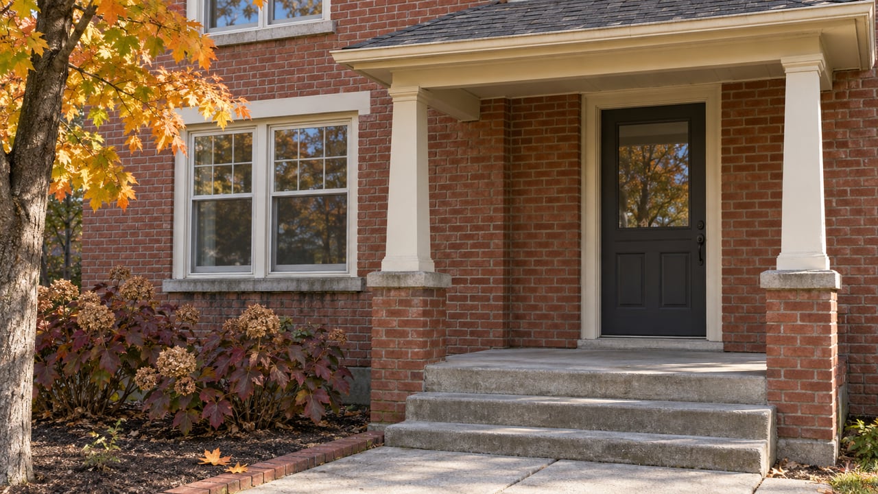 Red-brick home with cream porch posts, a charcoal front door, worn concrete steps, and orange maple foliage.