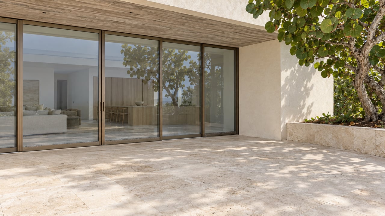Broad limestone terrace meets recessed glass doors beneath a timber soffit, with a sea grape tree in a raised planter.