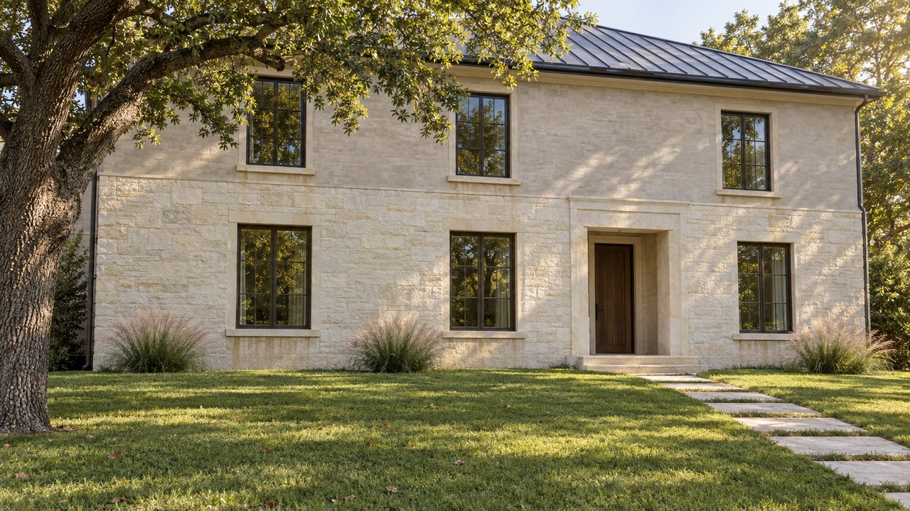 Two-story limestone and gray masonry house beyond a broad lawn, with oak canopy and stepping-stone path.