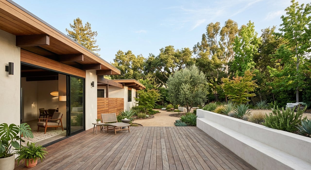 Ipe deck beside a warm-white stucco house, with an open sliding door, low garden wall, and olive tree.
