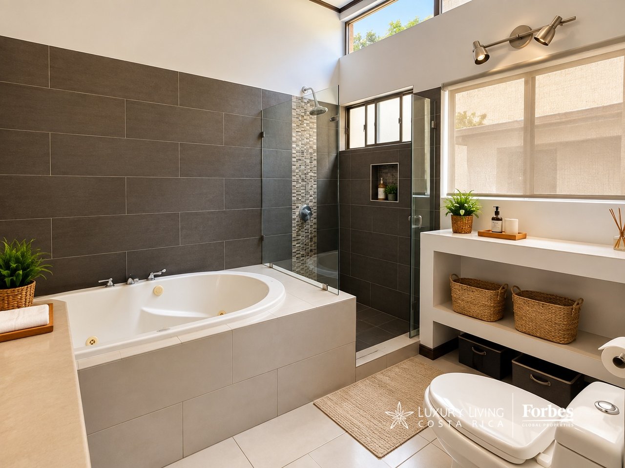 Modern bathroom with a built-in soaking tub, glass shower, dark tile, and wide window.