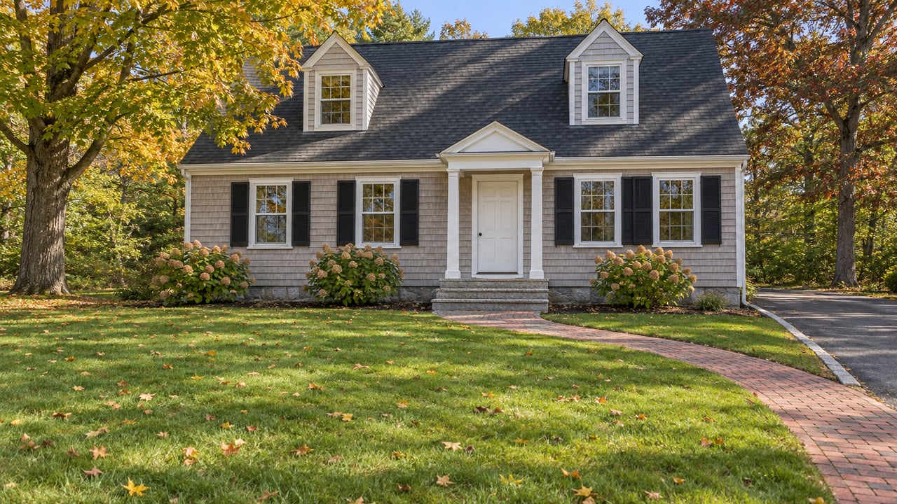 Taupe shingle house with two dormers, a granite entry and curved brick walk across a deep lawn beneath autumn deciduous trees.
