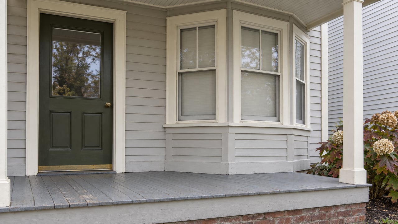 Weathered cream and gray porch woodwork around an olive entry door and bay window, with an oakleaf hydrangea beside the raised deck.
