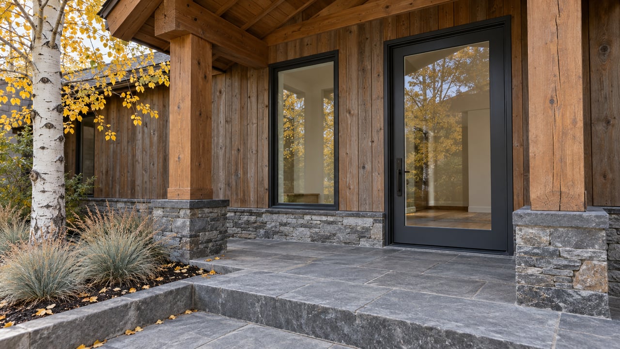 Weathered timber entry with charcoal-framed glazing, gray stone steps, and golden aspen leaves beside a planted bed.