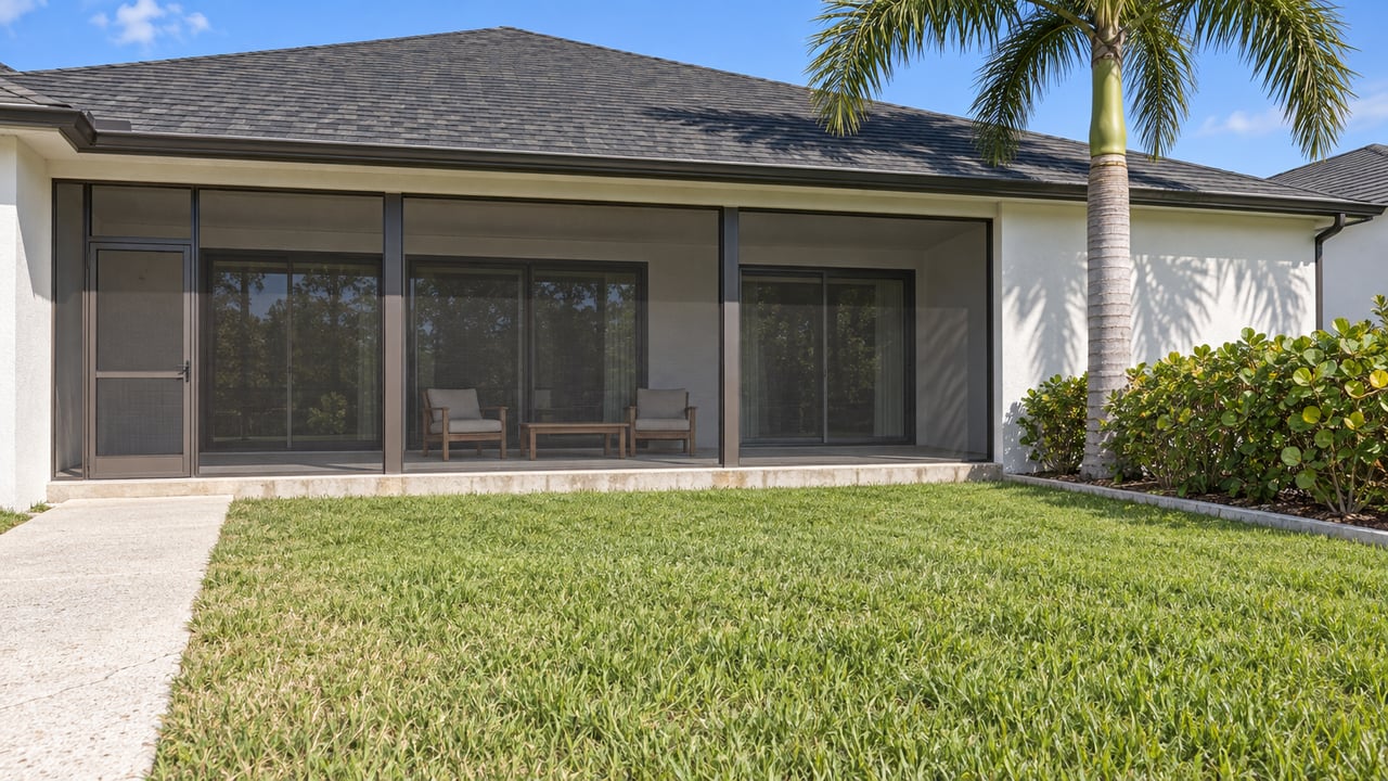 White single-story home with a charcoal hip roof, screened terrace, deep lawn and a tall royal palm in bright afternoon light.