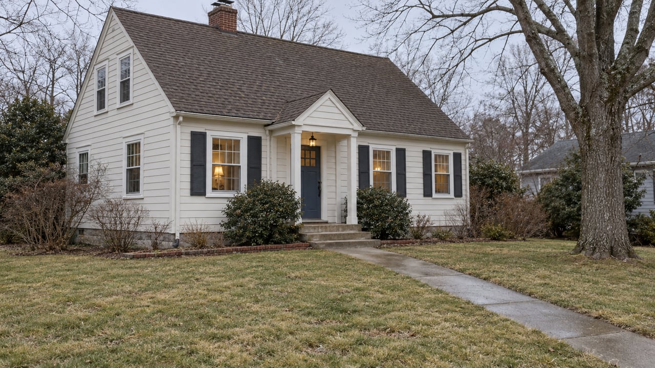 A modest clapboard home with a steep brown roof, brick chimney and small covered entry beyond a dormant winter lawn and concrete walk.