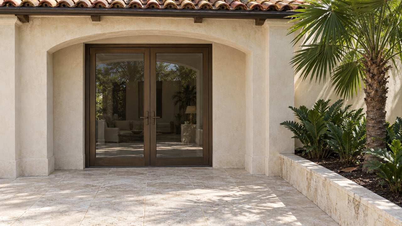 Cream-stucco arched loggia with bronze-framed glass doors, weathered limestone paving, and a fan palm in a raised stone bed.