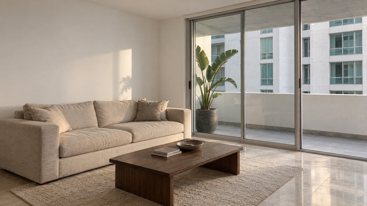 Light-filled condominium living room with limestone flooring, a linen sofa and closed sliding doors opening visually onto a concrete balcony.
