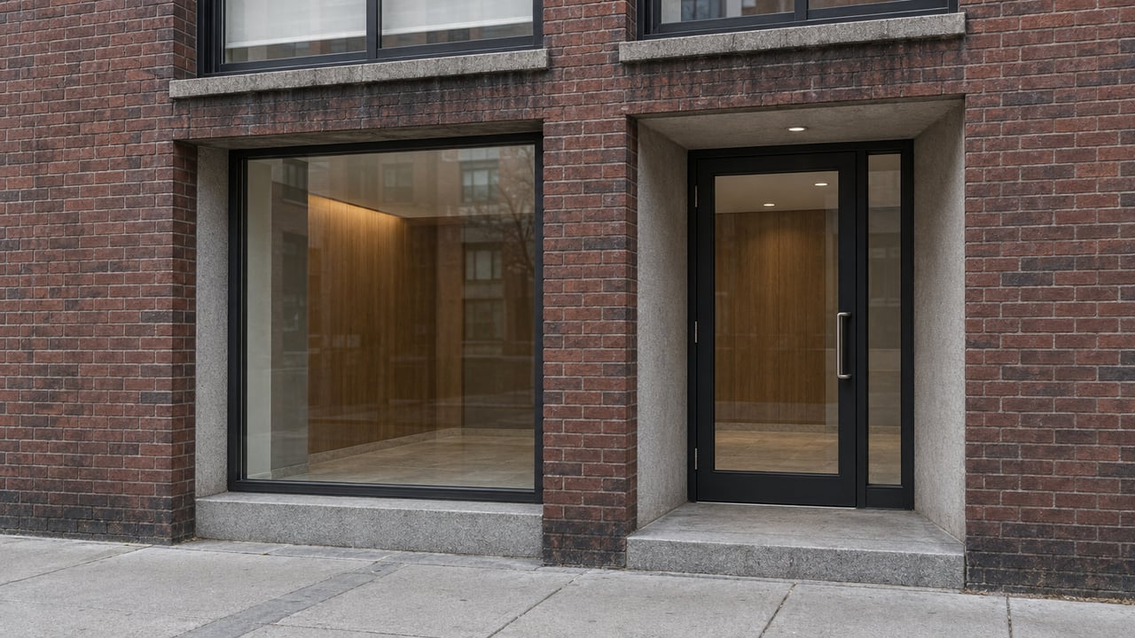 Close view of a red-brown brick residential entrance with black-framed glass, gray concrete recess and a shallow stone step above the sidewalk.