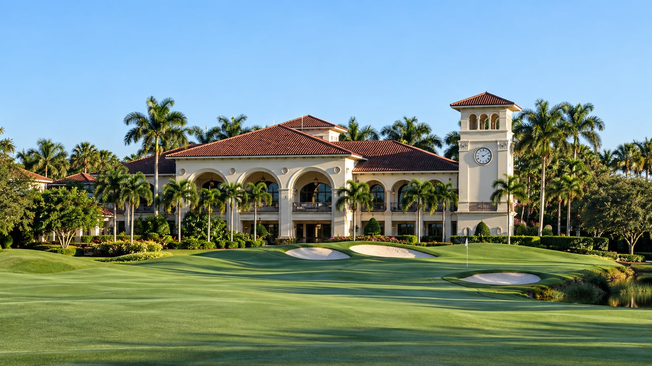Golf clubhouse with a clock tower behind a manicured green and sand bunkers.