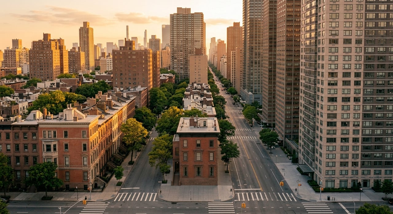 Tree-lined New York City avenue between brick buildings and residential towers at golden hour.