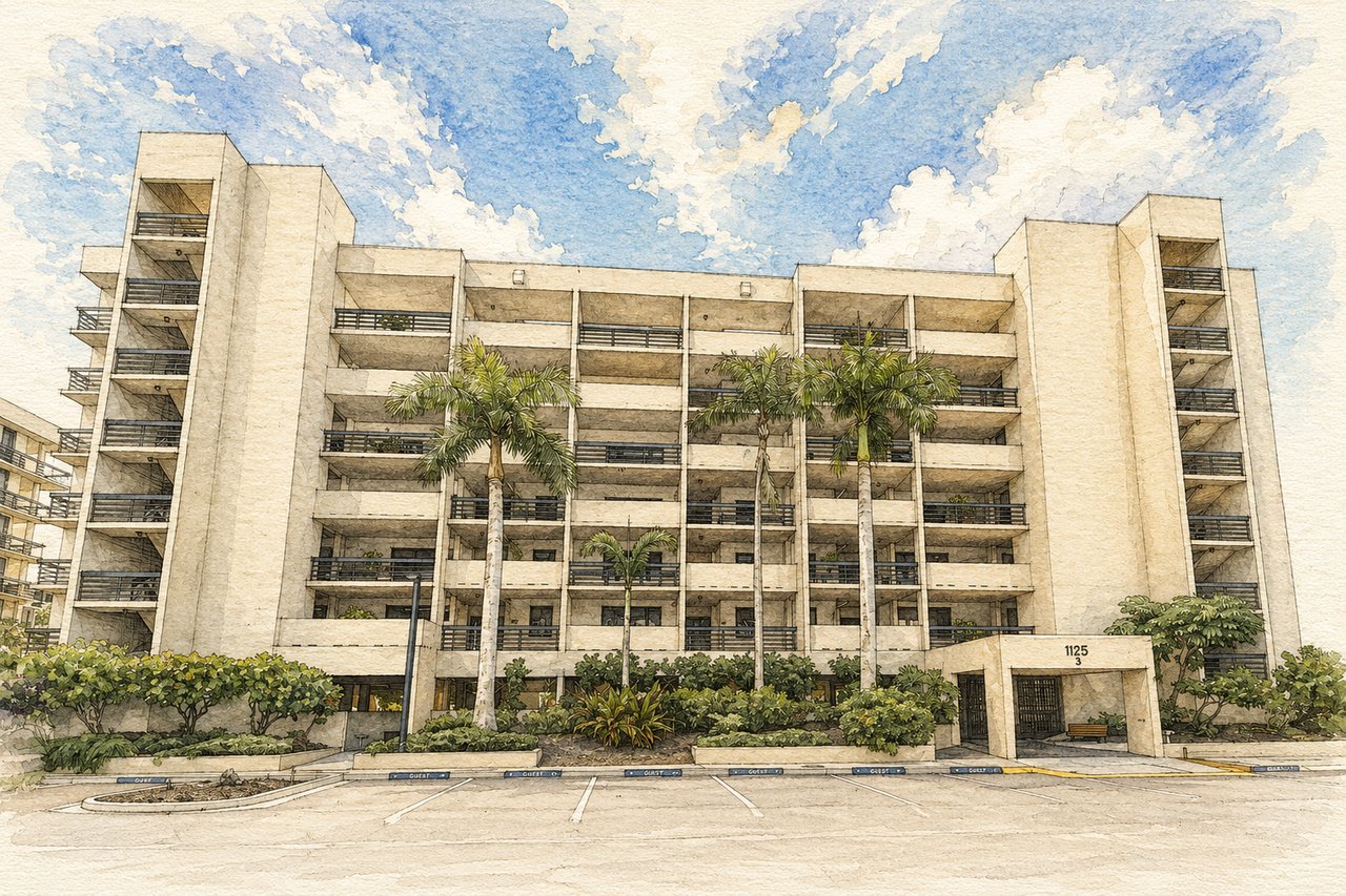 Condominium exterior rendering with stacked balconies, palm trees, and an entrance marked 1125.