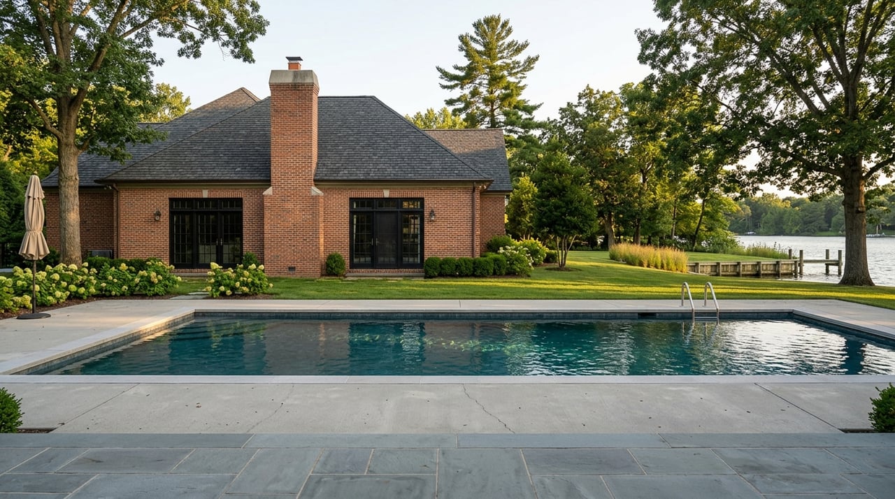 Brick suburban home’s rear elevation overlooking a pool terrace and private water edge.