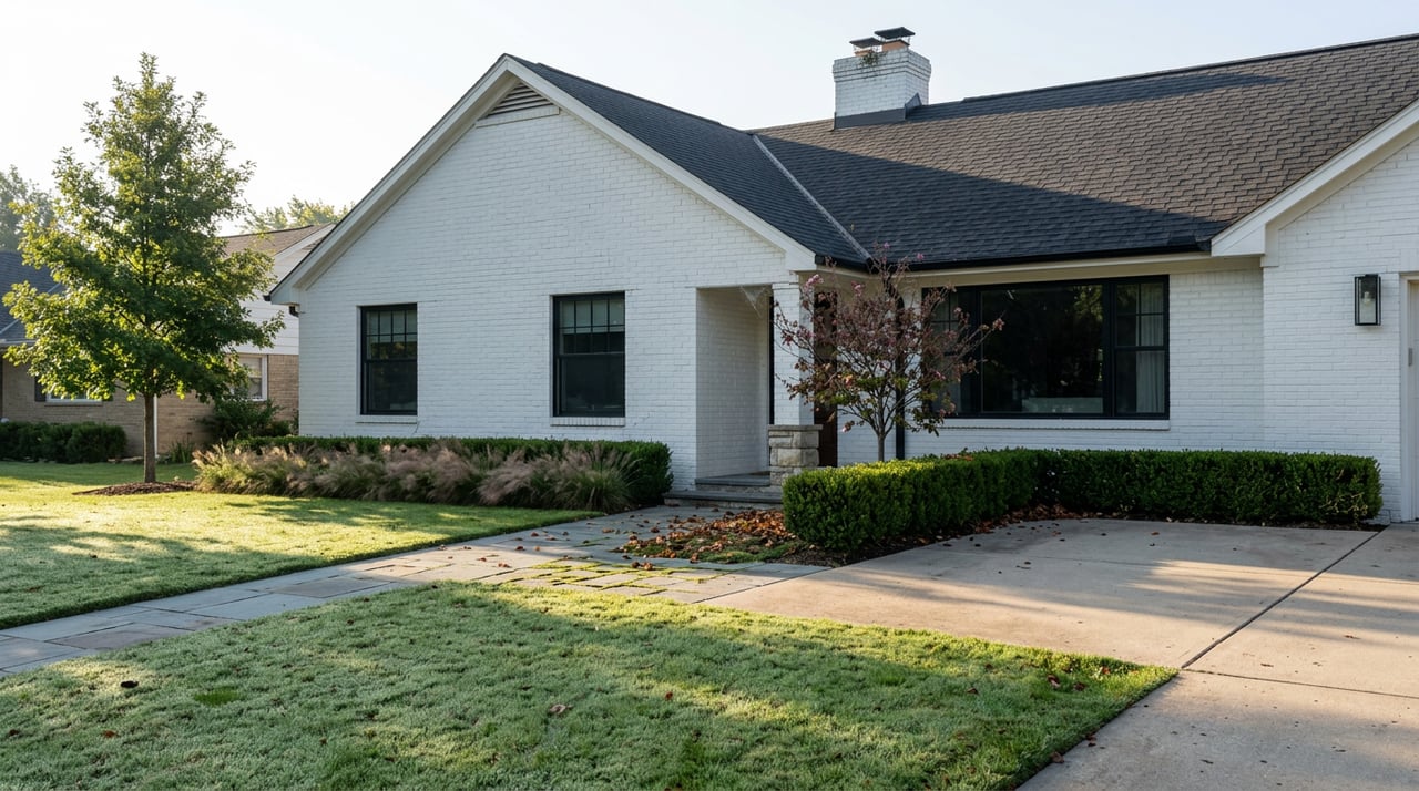 White-painted brick farmhouse with black-framed windows, intersecting gables, and a paver walkway across a dew-covered lawn.